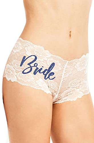 Bridal Shower Gift - Set Of 2 Navy Sparkle Glam Bride White Lace Boyshort & White Sparkle Wifey Blue Stretch Lace Thong Panty - Something Blue Lingerie - Medium - Set(Nvybrdwht/Whtwfyblu)Md #TOP4
