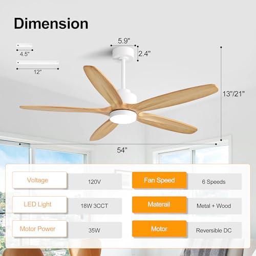 Image of WINGBO 54 inch Ceiling Fan with Light - 5 Carved Solid Wood Blades, 6-Speed Reversible DC Motor, Dimmable, 3CCT, Noiseless Remote Control Ceiling Fans with Lights for Bedroom Living Room, White and Oak