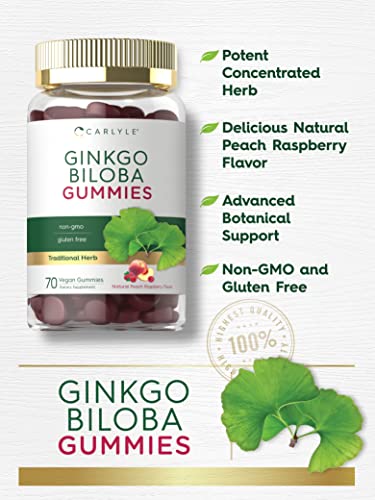 Carlyle Ginkgo Biloba 300Mg | 70 Gummies | 45:1 Leaf Extract | With Natural Peach Raspberry Flavor | Vegan, Non-Gmo, Gluten Free Supplement #TOP2