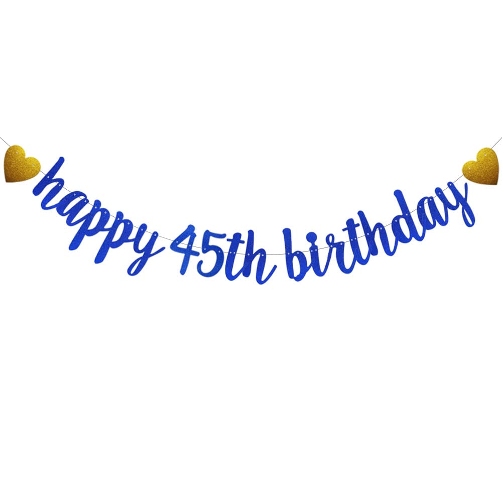 SUNbetterland Blue glitter Happy 45th Birthday Banner, Pre-Strung,45th Birthday Party Decorations Supplies, Happy 45th Birthday