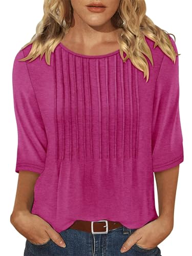 KISSMODA Tunic Tops for Women Loose Fit Dressy Round Neck Pleated 3/4 Length Sleeve Spring Tops