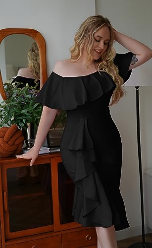 GOBLES Women's Elegant Off The Sholder Back Zipper Ruffles Bodycon Midi Cocktail Dress3