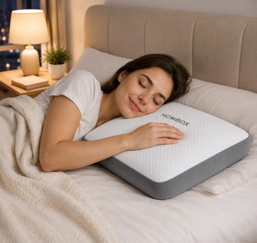Image of HOMBOX Orthopaedic Memory Foam Pillow for Better Shoulder and Neck Support, White /Grey Fabric Queen Size, Pack of 01