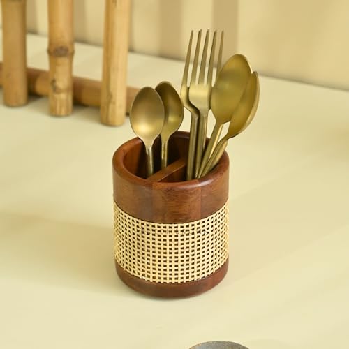 Image of Brick Brown Premium Wooden Tresso Cutlery Holder Spoon Stand for Kitchen,for Dining Table,Wooden Caddy Storage Organizer Stand with Removable Section Caddy Holder (4x4x4.5 inch) 10.2 x 10.2 x 11.9 cm