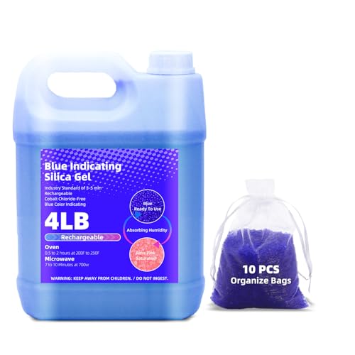 [4 LBS] Premium Blue Indicating Silica Gel Desiccant Beads(Industry Standard 3-5 mm) - Rechargeable Silica Gel Beads(1815G) with 10PCS Organza Bags Included
