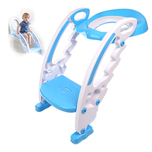 DIVCHI Baby Toilet Training Seats, Toilet Steps for Kids, Potty Training Seats, Toilet Ladder Seat for Toddlers, Child - Anti Slip, Soft Cushion, Foldable Toilet, 1-7 Years Old Kids (White/Blue)