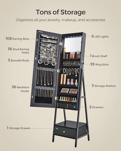 SONGMICS LED Mirror Jewelry Cabinet Standing, Lockable Jewelry Armoire with Full-Length Mirror, Space-Saving Jewelry Organizer with Mirror, Drawer, Gift Idea, Christmas Gifts, Ink Black UJJC025B01