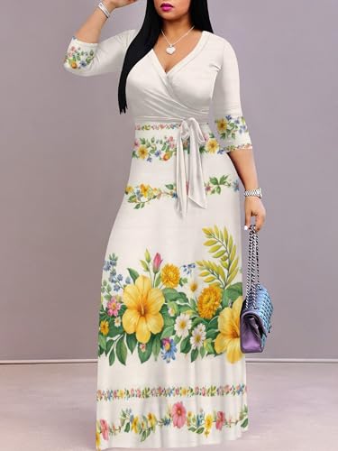Image of PinkPatty Plus Size Dresses for Curvy Women V Neck Flowy Long Sleeves Wrap Maxi Dress Travel Vacation Outfits