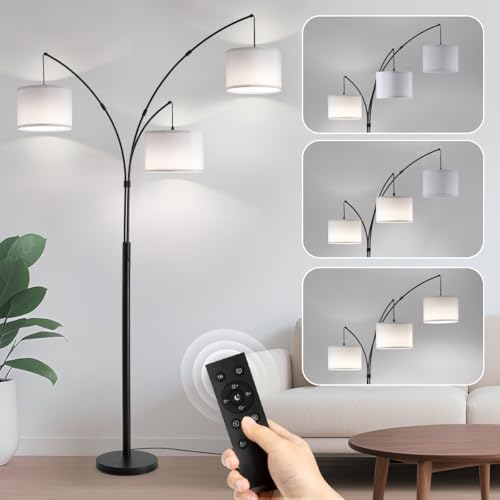 Image of Floor lamp with Remote, 3 Light Arc Floor Lamps for Living Room, 2400LM Tall Standing Floor Lamps with White Shades, 80 inch Large Floor Lamp for Bedroom, Office