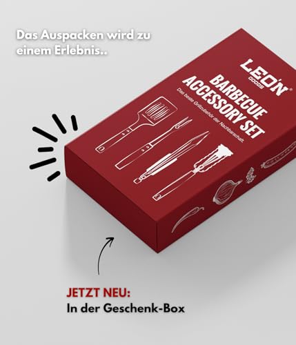 LEÓN Goods® : Grillbesteck Set [+Grillbürste] Grillzange, Grillwender, Grillgabel, Grillreiniger auch für Gasgrill! Grill Geschenkset aus Edelstahl und Akazienholz. (4-TLG.)