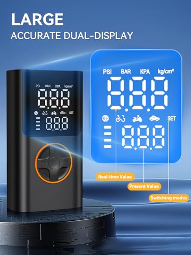 Image of Tire Inflator Portable Air Compressor, Bike Pump with Gauge and USB Charging Output, 150PSI Fast Inflation Portable Tire Inflator for Car Bicycles Motorcycles Scooter Balls