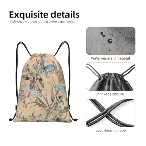 Drawstring Bag Vintage Butterfly Flower Bird Drawstring Backpack Gym Sport Sack String Bag Waterproof Swimming Bag Beach Sackpack,Small Yoga Bag For Men Women4