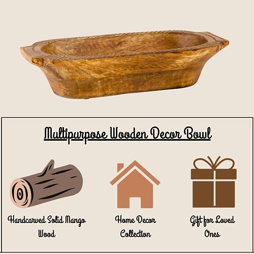 Mie Creations 14'' Large Wooden Dough Bowl For Decor, Huge Decorative Centerpiece Oval Tray Rustic Dough Bowls For Table, Hand Turned Long Wood Bowl #TOP5