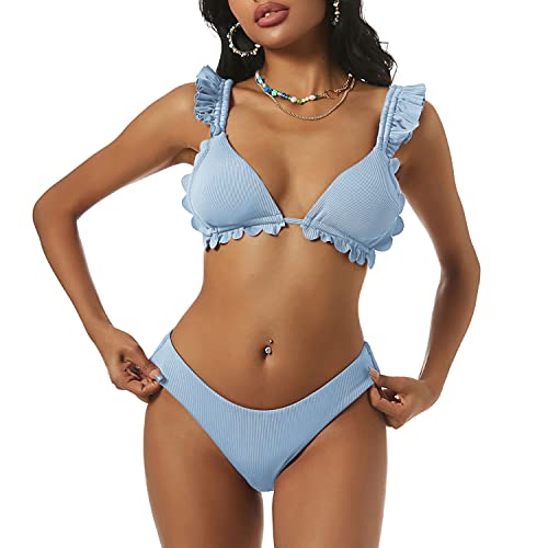 ZAFUL Women's Spaghetti Strap Tie Back Ruffle Triangle Bikini Set Swimsuit (C-Light Blue, M)