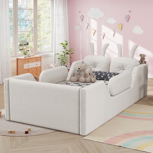 Image of Twin Size Kids Bed with Rabbit Cushions, Upholstered Boucle Fabric Platform Floor Twin Daybed with Removable Side Rail, Space-Saving Wooden Corner Sofa Couch Bed Frame for Girls, Boys, Teenager(White)