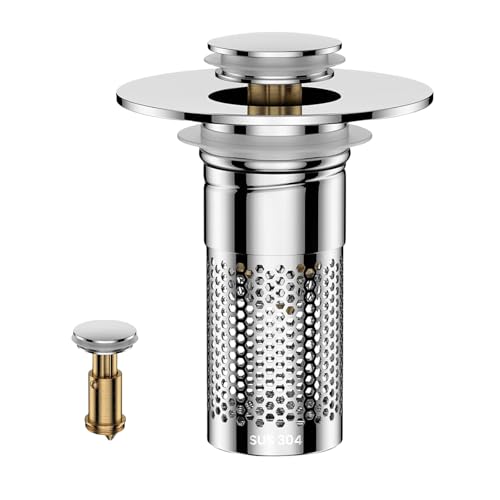 Bathroom Sink Drain Strainer, Universal Pop-up Sink Stopper with Removable Hair Catcher & Stainless Steel Filter Basket, Anti-Clog Drain Protector Fits Most US Standard Bathroom Sinks