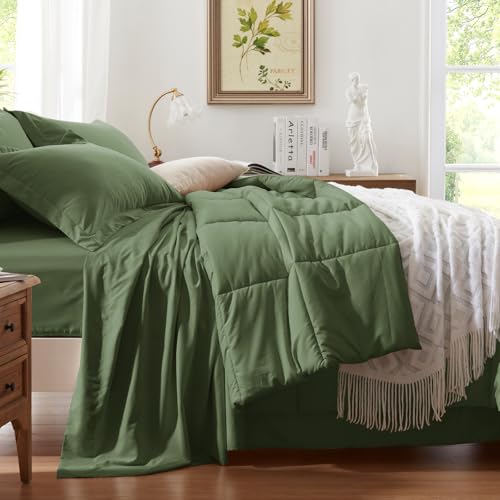 Anluoer Queen Comforter Set 7 Piece, Olive Green Bed in a Bag with All Season Bedding Comforter Sets, 1 Comforter, 2 Pillow Shams, 2 Pillowcases, 1 Flat Sheet, 1 Fitted Sheet