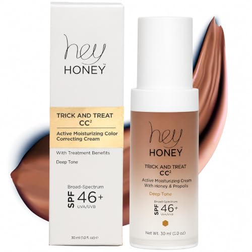 Hey Honey Trick and Treat Moisturizing CC Cream SPF 46, Mineral Sunscreen Color Correcting Foundation for Redness, Rosacea and Mature Skin, Honey and Propolis, Shade Adjusting, 1 oz (Deep Tan)