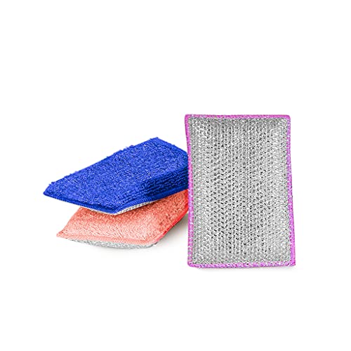 Image of Smart Design Heavy Duty Scrub Sponge with Bamboo Odorless Rayon Fiber - Set of 3 - Ultra Absorbent - Soft and Metallic Scrub - Cleaning, Dishes, and Hard Stains - Kitchen - Violet Blue Coral