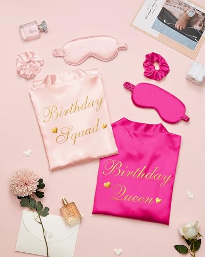 Neer 21 Pcs Women Birthday Party Robe Set Queen Squad Kimono Satin Bathrobes with Eye Mask and Scrunchie for Birthday3