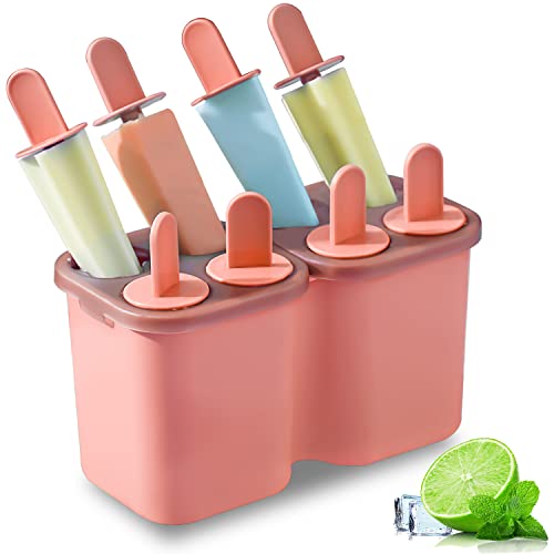 HOMQUEN Popsicles Molds, 8 Piece Ice Pop Mold, Reusable Easy Release Ice Cream Mold for kids, Many Shapes Homemade Popsicle Molds, DIY Popsicle Maker, BPA Free (8 Cavities-Pink)