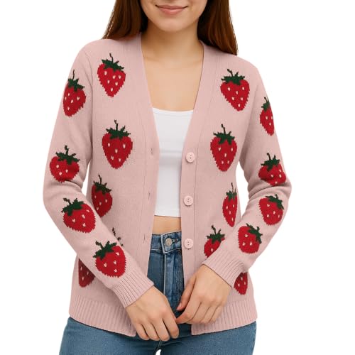 Noni Women's Strawberry Floral Cardigan Long Sleeve Open Front Button Down V Neck Knitted Sweaters Cardigan Sweater