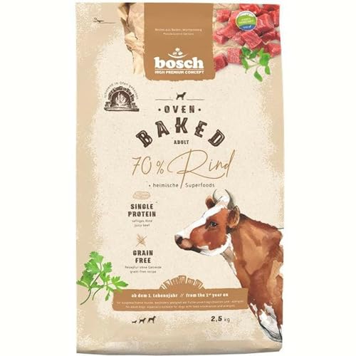 Bosch HPC Oven Baked Rind Hundefutter trocken 2,5 kg | 62 % frisches Rind, getreidefreie Rezeptur für sensible Tiere, Single Animal Protein, im Ofen gebacken, Made in Germany