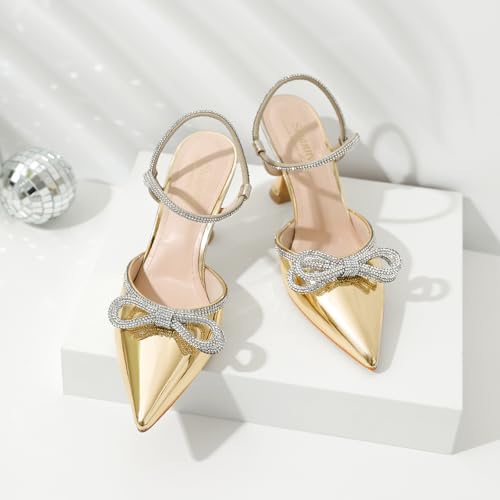 Image of Susanny Women's Closed Toe Rhinstone Wedding Low Heel Slingback Clear Kitten Heels,Adjustable Strap Pointed Toe Bow Pumps High Heeled Prom Dress Shoes