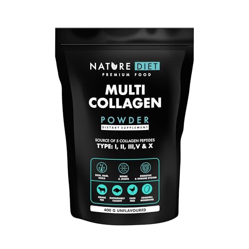 Nature Diet Multi Collagene in Polvere Non Aromatizzato Idrolizzato Collagene peptidico di tipo: I, II, III, V e X, integratore, altamente biodisponibile, collageno peptide, 400G