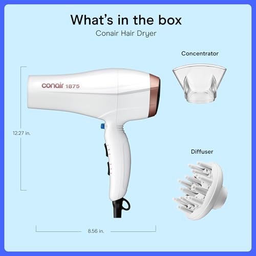 Image of Conair Double Ceramic Ionic Hair Dryer | Double Ceramic Ionic Tech Reduces Frizz for Fine, Thick, and Curly Hair Types, White with Diffuser & Concentrator, 566L