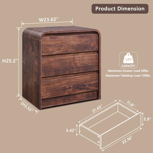 25" Tall Modern Nightstand with Charging Station, 23.6'' Wide Wood Bedside Table w/3 Storage Drawers, Small Dresser w/Curved Profile Design, End Table for Bedroom, Brown - Image 2