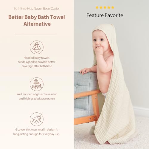 Image of Unnivoll Hooded Baby Towels for Newborn - 2 Pack, 100% Muslin Cotton, Baby Bath Towels with Hood, Soft and Absorbent for Boys, Girls Infant, Toddler and Kids, Large 32x32 Inches, Newborn Essential