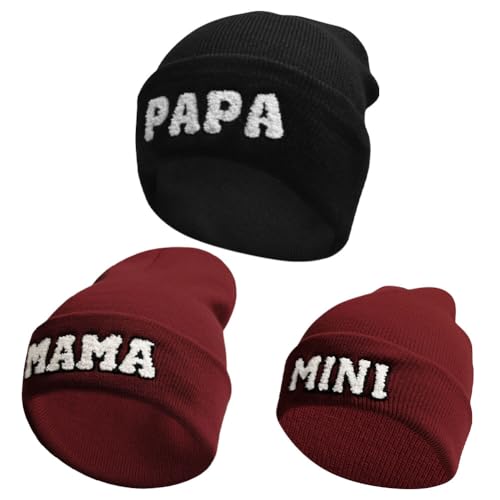 3 Pcs Parent-Child Beanie Hat Mama Papa Mini Embroidery Knitted Hat Winter Warm Cuffed Cap Matching Family Beanie Hat
