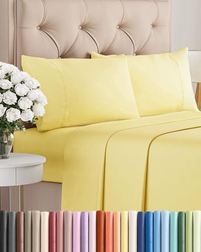 Image of Twin 4 Piece Bed Sheet Set - Comfy, Breathable & Cooling Sheets - Yellow | Ultra Soft Hotel Luxury Bedding Set with 8-16 Inch Deep Pockets, 1 Flat & 1 Fitted Sheet & 2 Pillowcases, Wrinkle & Fade Free