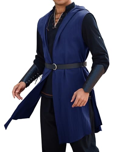 Runcati Mens Renaissance Costume Hooded Surcoat Medieval Knight Sleeveless Tunic Tops Tabard Viking Halloween Cloak