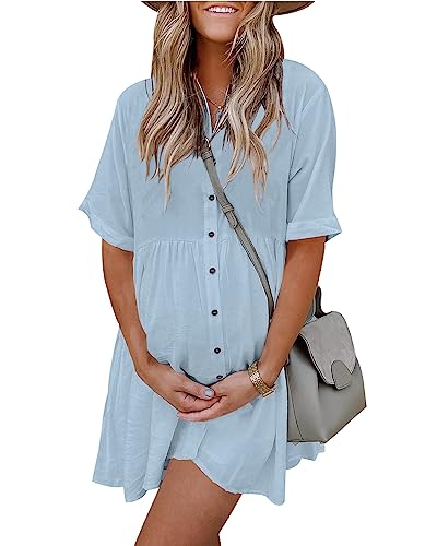 Image of PYGFEMR Women's Short Sleeve Babydoll Dress Button Down Dresses with Pockets