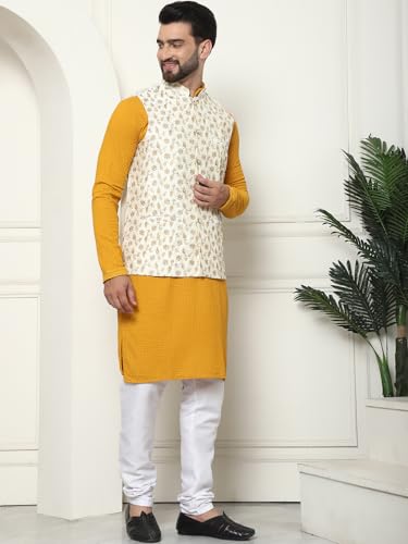 Sojanya (Since 1958 Men's Pure Cotton Mustard Kurta And White Pyjama With Embroidered Cream Nehru Jacket