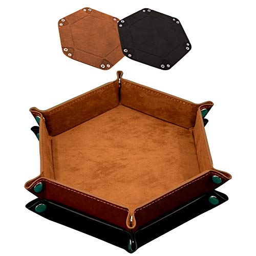 Image of SIQUK 2-Piece Foldable PU Leather Dice Tray, Hexagonal, Brown, Modern, Glossy Finish, Dice Tray for RPG, DND and Other Table Games