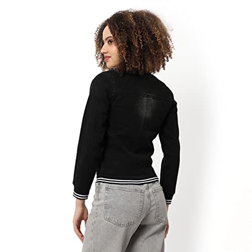 Image of Campus Sutra Women Black Regular Fit Denim Jacket For Winter Wear | Collared Neck | Full Sleeve | Buttoned | Casual Jacket For Woman & Girl | Western Stylish Jacket For Women