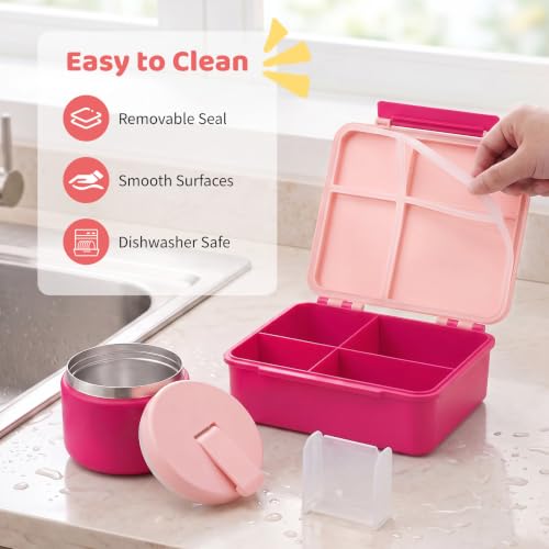 Image of Pawtong Bento Lunch Box with 8oz Soup Thermo, Kids Leakproof Lunch Food Containers with 4 Compartment, Kids Thermo Insulated Hot Food Jar for School, Trvael - (Pink)