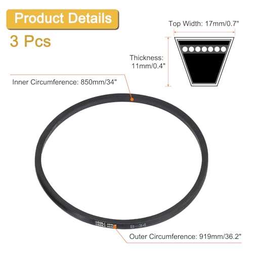 Image of uxcell 3 Pack B34 Classic Wrapped V-Belt, 36 inch Outside Circumference, Black Rubber Industrial V-Belt