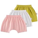 AOOPOO 3er Pack Baby Kleinkind Jungen Mädchen Baumwolle Leinen Shorts Sommer Musselin Kurze Hosen 0-3 Jahre Pumphose Sommerhose Leichte Atmungsaktive Einfarbige Lässige Kurz Hose Gr. 74/80/86/98/104