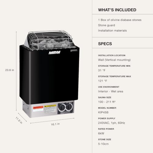Image of Harvia KIP Wall Mount Electric Sauna Heater, 220V-240V, 6kW, Dial Controls