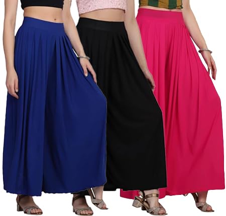 GenericWomen's Lycra Flared Plazzo Wide-Leg Loose fit, Trouser Pants (Pack of 3)