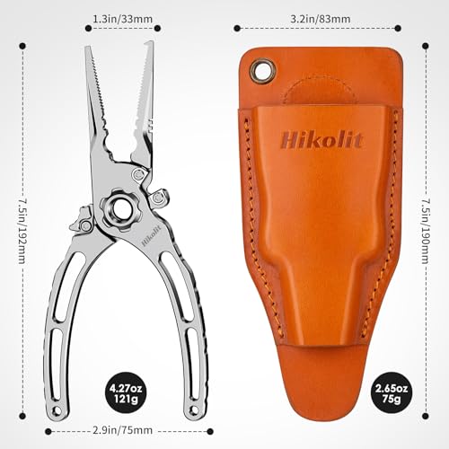 Hikolit Alicate de pesca de titânio de 19 cm, alicate de pesca em água salgada com bainha de couro e