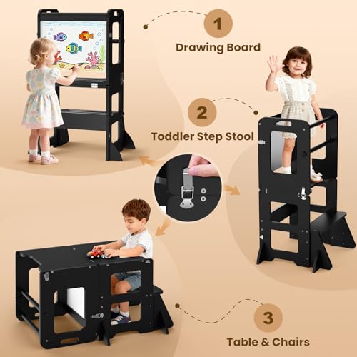 Image of Woodure 4-in-1 Toddler Kitchen Step Stool, Learning Standing Tower with Whiteboard, Wooden Kitchen Stool Helper for Kids, 1-3 Year Old Boy Girl Gifts-Black
