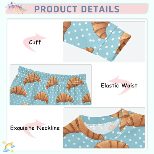 Pajama Sets Long Sleeve Croissant Pattern Blue Background Soft Comfy Sleepwear 2 Piece PJS 3-8T4
