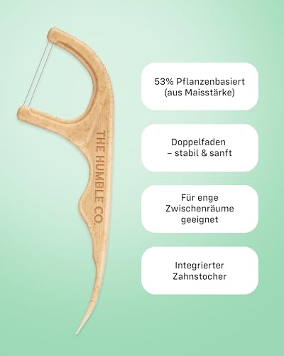 Zahnseide Stick pflanzlich und nachhaltig von The Humble Co. - 150 Stück Zahnseide Sticks mit Doppel-Faden zur Zahnreinigung Zwischenräume, frische Minze, von Zahnärzten empfohlen Zahnseidesticks