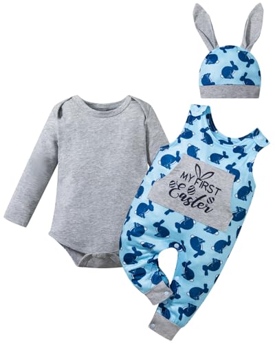 PROMOTED TO BIG SISTER Baby Boy My First Easter Day Clothes Bunny Suspender Pants Overall Outfit (Blue-Grey, 6-9 Months)