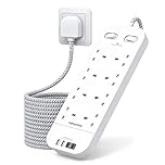 Extension Lead 5M, 8 Way Outlets Power Strip with 2 USB C and 2 USB A Slots, 1800J Surge Protection, 3250W/13A Double Switch Braided Extension Cable, Wall Mountable Plug Extension for Home, Office